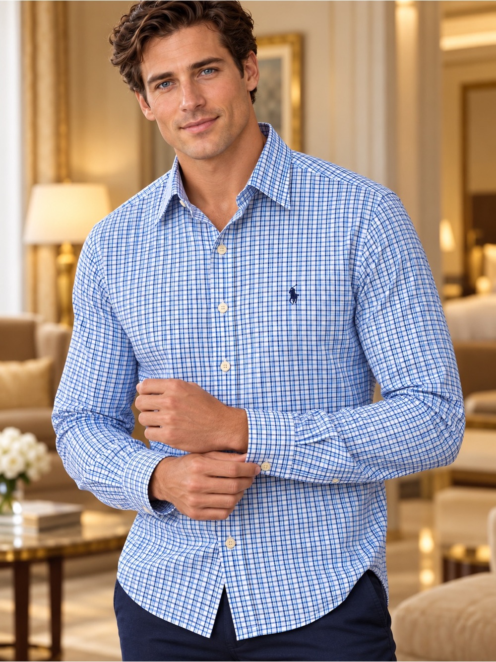 Polo Ralph Lauren Yarmouth Blue Plaid Pinpoint Oxford Shirt 15.5 34/35